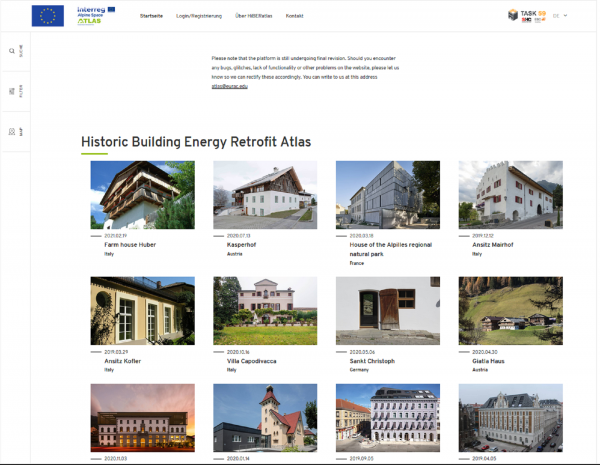 Startseite der Datenbank www.HiBERatlas.com mit Best-Practice-Beispielen, die zeigen wie historische Gebäude saniert werden können, sodass eine hohe Energieeffizienz erreicht und gleichzeitig der Denkmalschutz respektiert wird.